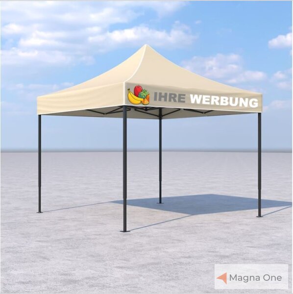 3x3 m Faltpavillon ECONOMY ohne Seitenwände, beige, mit Bedruckung