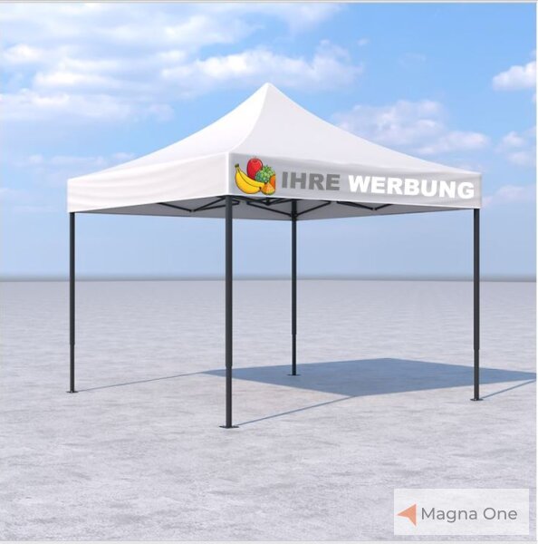 3x3 m Faltpavillon ECONOMY ohne Seitenwände, weiß, mit Bedruckung