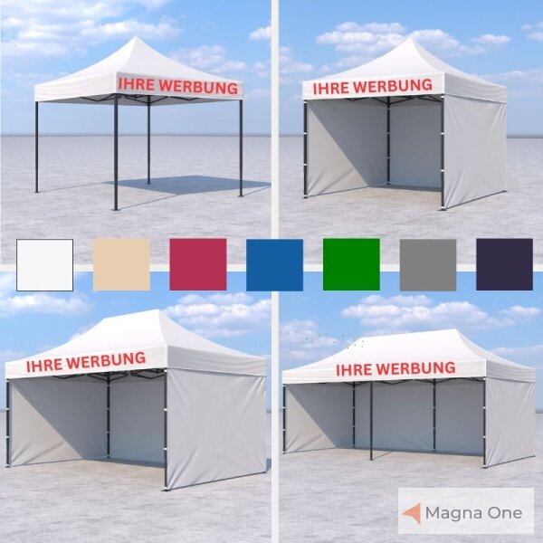 3x6 m Faltpavillon ECONOMY mit 3 Seitenwänden, beige, mit Bedruckung