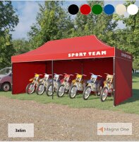 3x6 m Faltpavillon ECONOMY mit 3 Seitenwänden, beige, mit Bedruckung